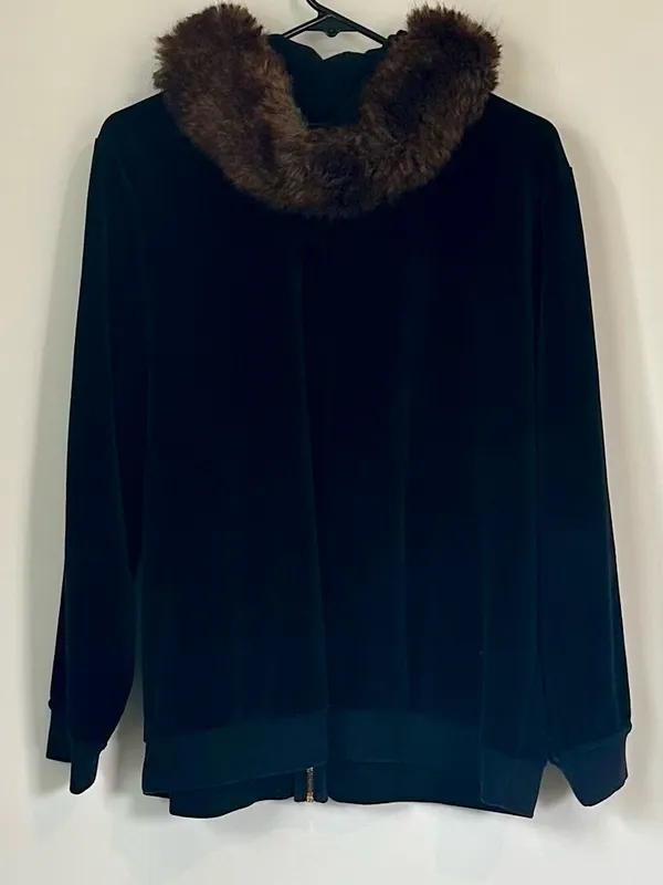Ralph Lauren Navy Black Velvet Velour Zip Jacket with Removable Faux Fur Trim 2X - Image 5