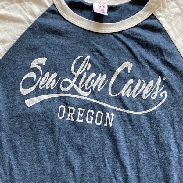 Prairie Mountain NEW Sea Lion Caves Oregon Women’s Baseball T-Shirt Navy Blue Grey Small NWOT - Image 3