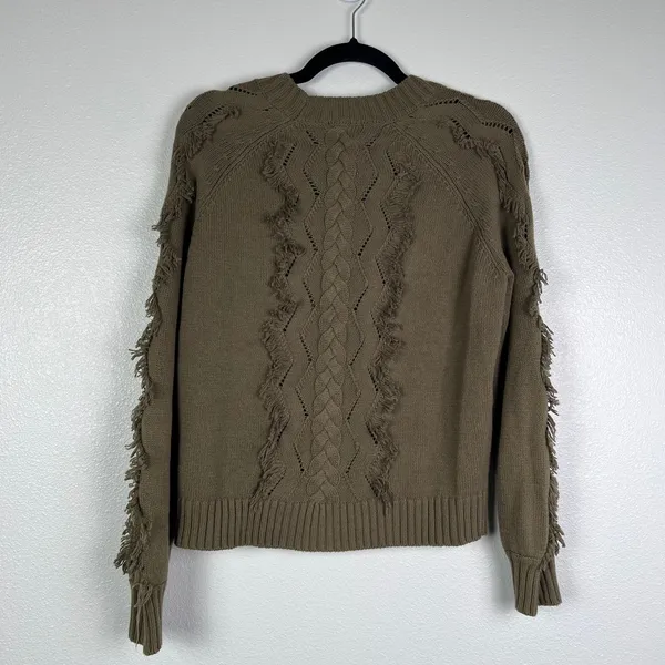 Rails Francis Cable Knit Fringe Sweater Olive Green XS Pullover‎ Crew Neck - Image 7