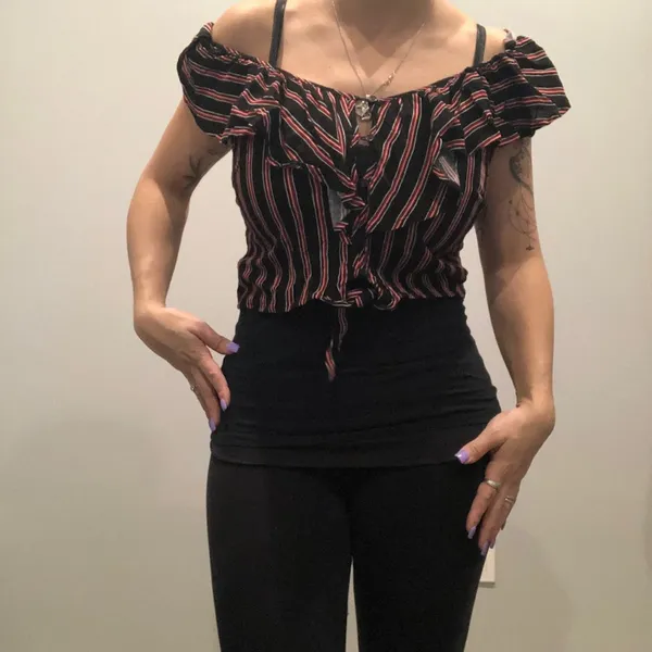 NWT Ambiance Large Black Red‎ White Striped Crop Top Off the Shoulders - Image 2