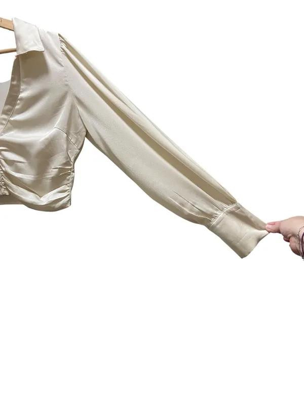 Altar’d State Satin Ruched Cropped Blouse Cream Size M Neutral Coquette Romantic - Image 9