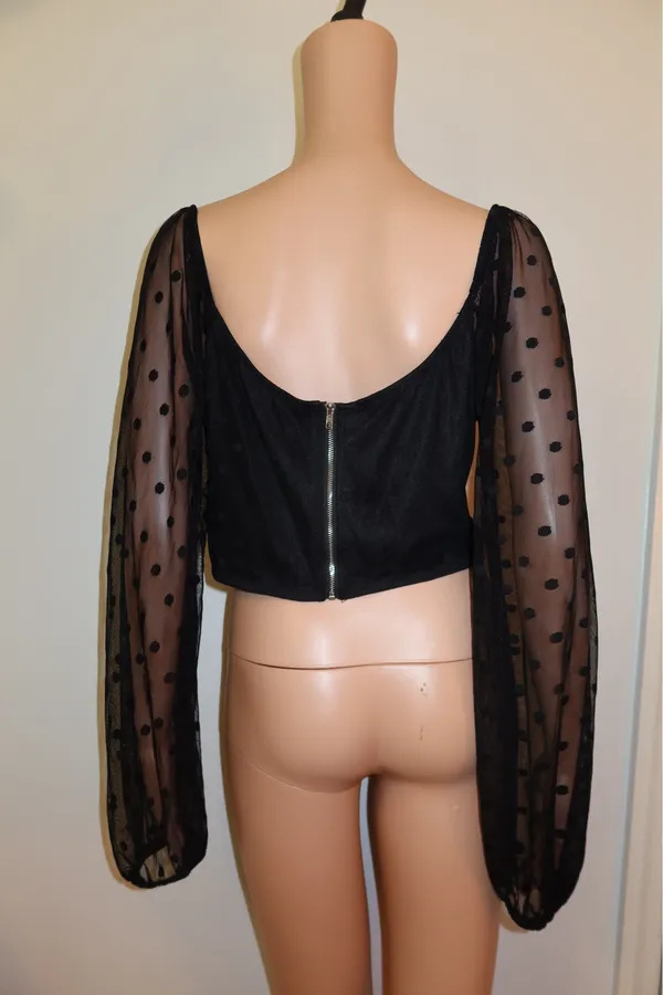 Lulus Cropped Black Polka Dot Blouse - Image 3