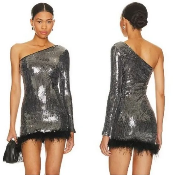 NWT Superdown Revolve Cecelia One Shoulder Sequin Feathers Mini Dress Formal - Image 2