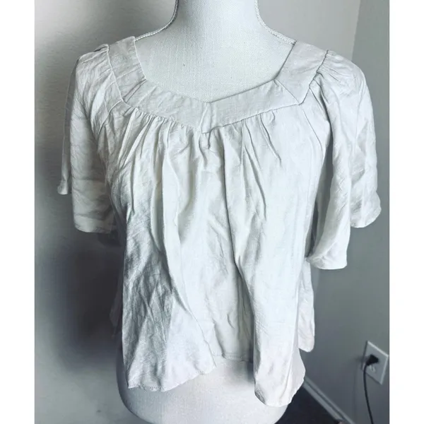 Boho Linen Blend Square Neck Blouse Peasant Beige Flutter Sleeve Top Cottagecore - Image 2