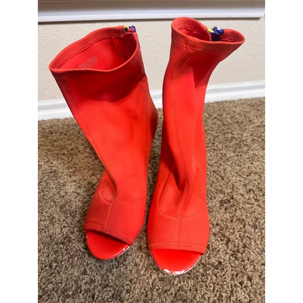 Aldo Neon Orange Sock Boots Peep Toe Stiletto Heel Gogo Retro Zip Womens 9/40 - Image 2
