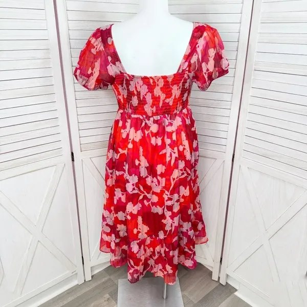 Torrid Floral Crinkle Fabric Tiered Puff Sleeve Smocked Midi Dress Red‎ Pink 12 - Image 6