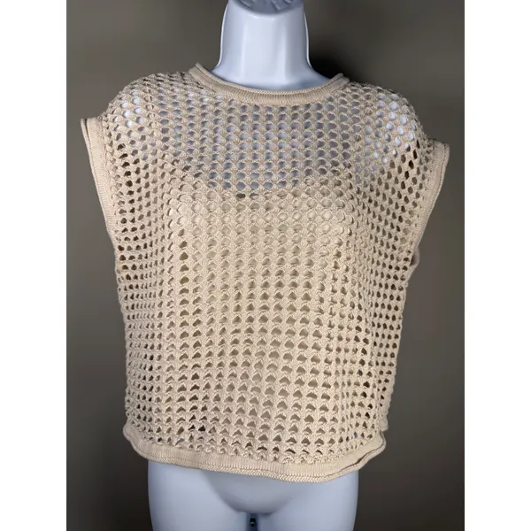 Steve Madden Open Knit Crochet Top Lined Beige Cap‎ Sleeve Coastal Boho Medium - Image 3