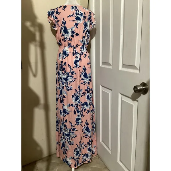 Splendid Floral Maxi Dress Peach Blue V-Neck Smocked Waist RD0190P Medium - Image 3