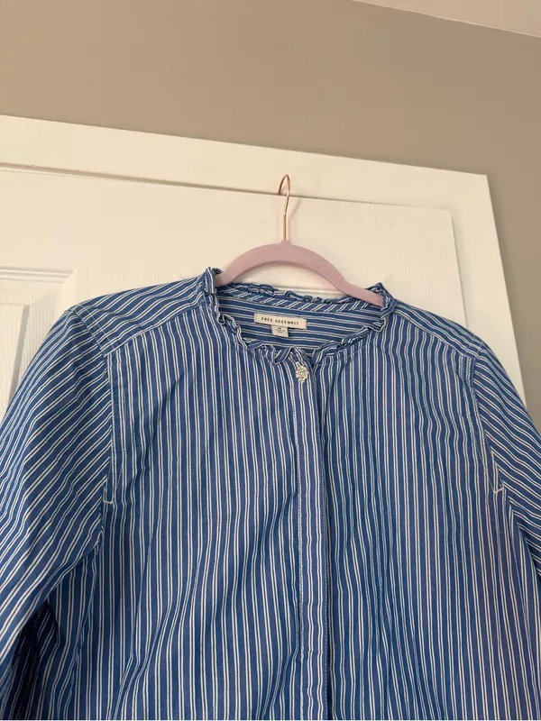 Free Assembly Blue Plaid Shirt Rhinestone Button Blouse Top - Image 2