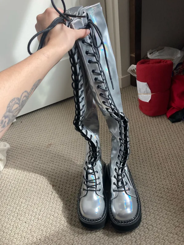 Rave Demonia So-Emily-375 Silver Thigh High Platform Boots - Image 2