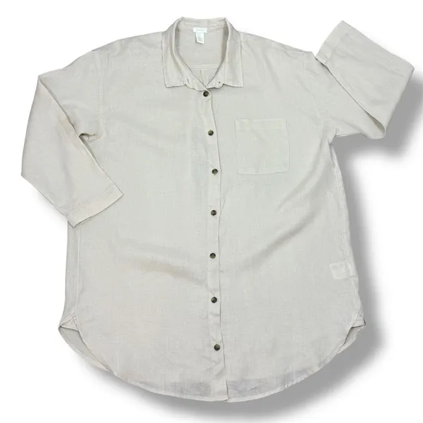 H&M Home Linen Button Up Shirt Dress Beige‎ Tan Medium Long Sleeve Beach - Image 12