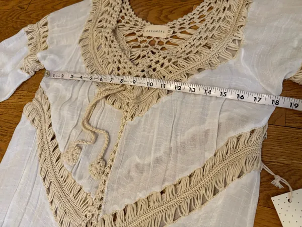 Dreamers Boho Fringe Crochet Trim kimono cardigan Swim Coverup in Cream size M - Image 10