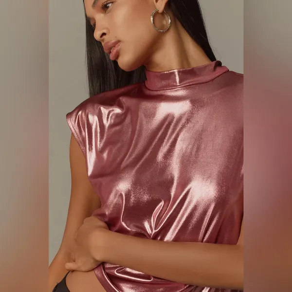 By Anthropologie • Cowl-Neck Liquid Shine Top Pinkish Red - Image 14