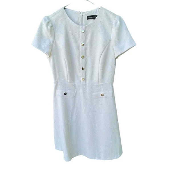 Andrew Marc size 4 white nubby dress. Gold tone buttons. - Image 2