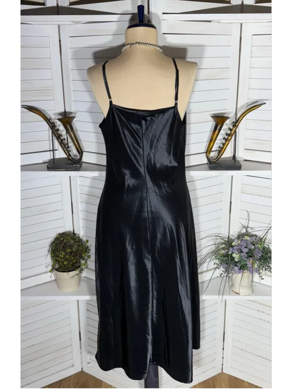 Black satin slip dress ruched front sweetheart cocktail whimsigoth punk alt sz M - Image 2