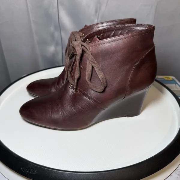 LRL Dark Academia Tamia Wedge‎ Booties 7B Brown Leather Lace Up Ankle Gothic - Image 2