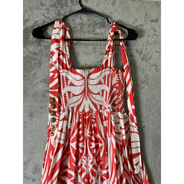 Sheridan French Coral White Tropical Print Tie Shoulder Maxi Dress Resort Boho M - Image 4