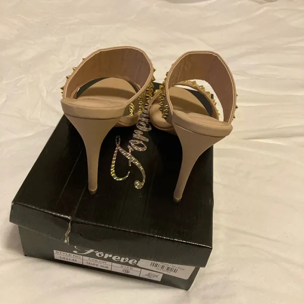 Taupe and gold studded sandals with heel - Image 2
