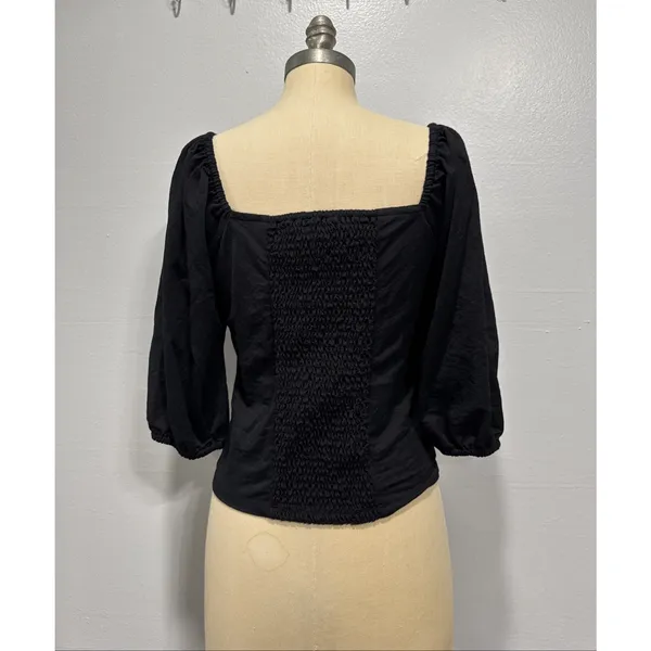 Ann Taylor Top M Black Square Neck Puff Sleeve Back Shirred Blouse Feminine - Image 3