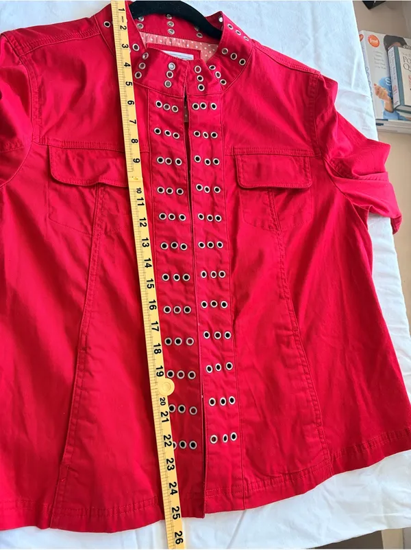 Live a Little Red Grommet Eyelet Jacket Size L Y2K Stretch Cotton - Image 7
