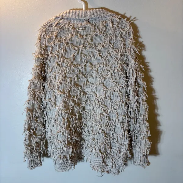 Storia Shaggy‎ Fringe Knit Cardigan Sweater Oatmeal Beige Size Small - Image 6