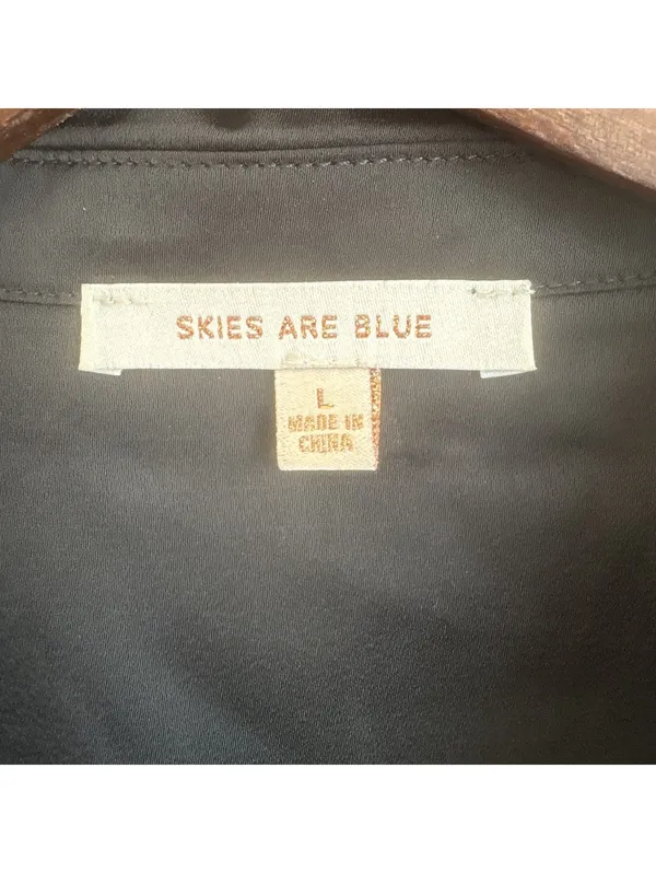 Skies Are Blue Womens Large Black Satin Silky Long Sleeve Button Down Blouse Top - Image 3