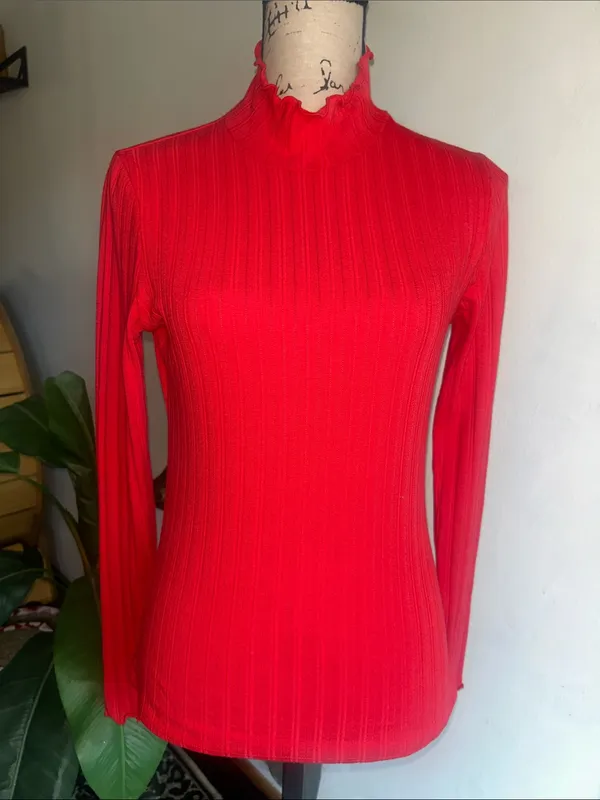J. Crew Ribbed Scalloped Trim Red Turtleneck Sweater Size XS NWT - Image 3