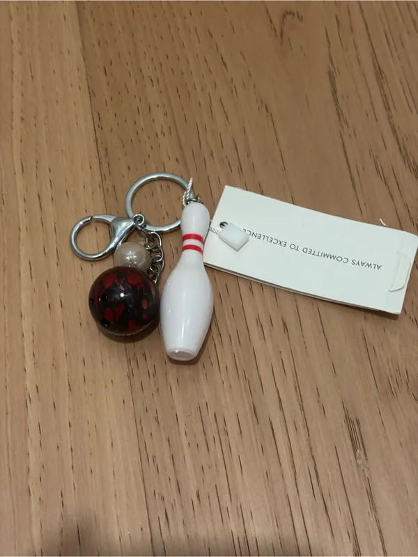 Keychain Charm Set with White Bowling Pin and Black-Red Ball - Image 2