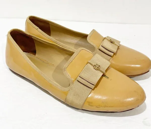 Tory Burch Size 9M Nude Patent Leather Trudy Bow Gold Reva Smoking Flat Loafers - Image 3