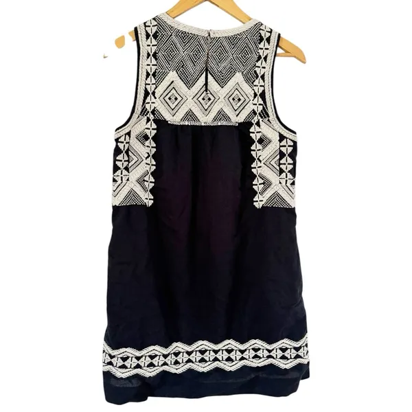 Madewell Navy Blue Linen Blend Aztec Embroidered Knee Length Dress Size Small - Image 4
