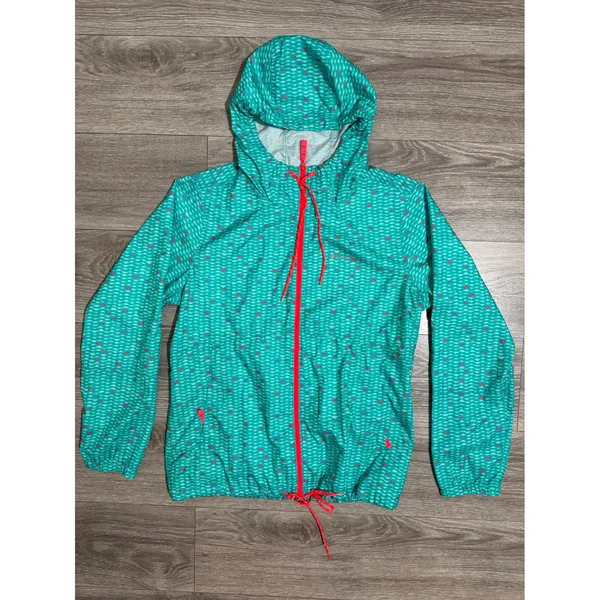 Columbia Womens Windbreaker L Teal Pink Geometric Full Zip Hooded Jacket Rain - Image 9