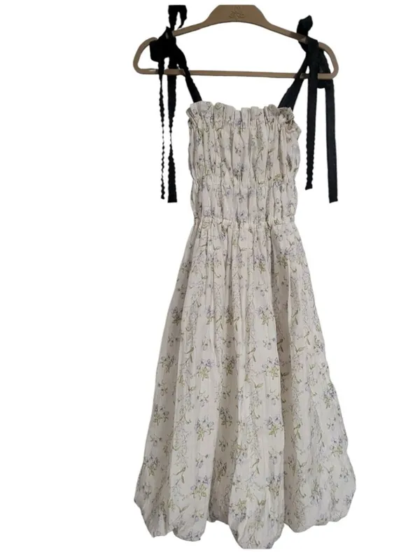 Brock Collection x H&M CONSCIOUS Cream Floral Black Bow Detail Tie Dress XS - Image 4