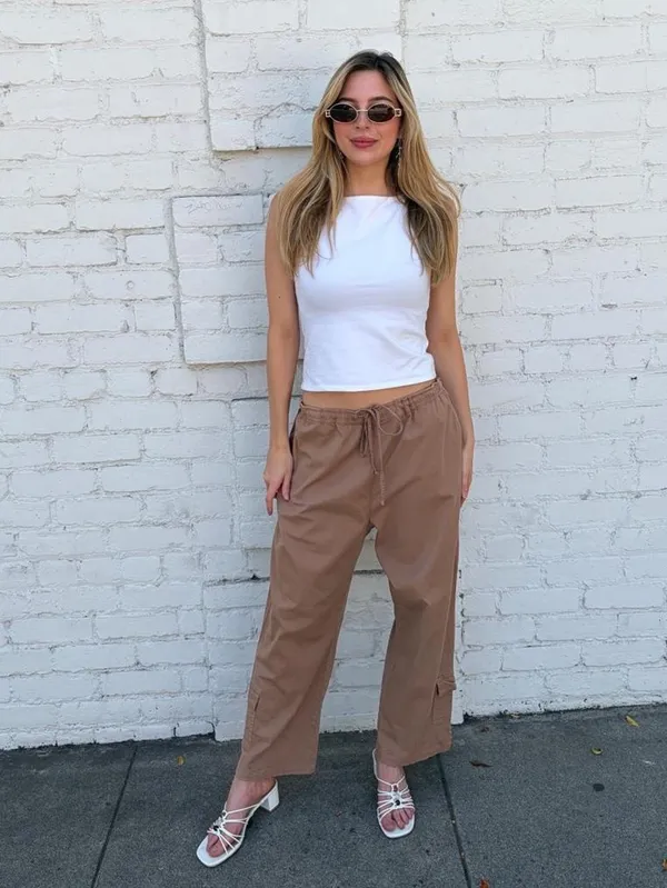 Vtg Tan wide leg capri cargo pant drawstring waist sz XL #y2k #outdoors #retro #utility - Image 2