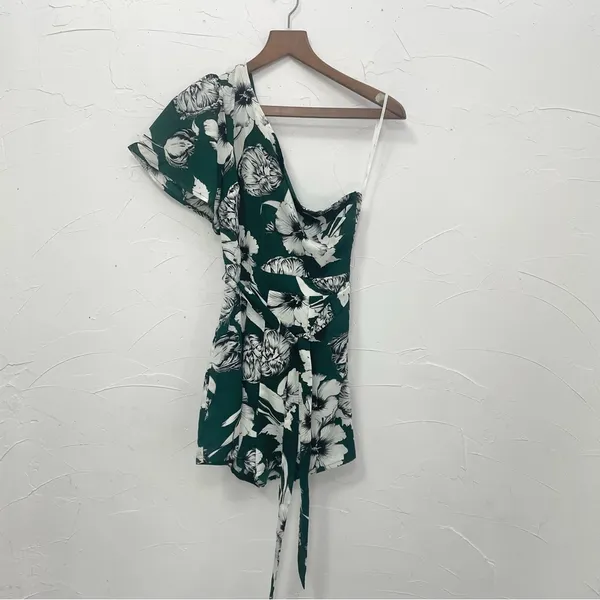 Lulus Flawless Moments Green Floral Print One-Shoulder Romper - Image 9