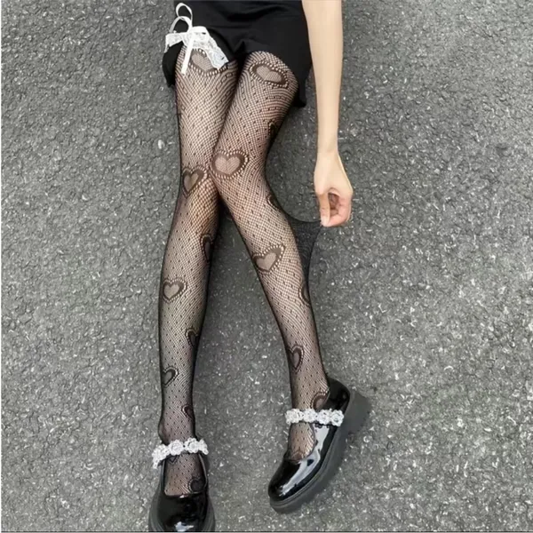 Heart Print Mesh Tights Black Sexy Cut Out High Waist Fishnet Pantyhose One Size - Image 6