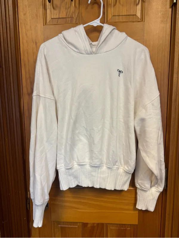 Aerie Cream Coquette Ribbon Bow Cropped Hooded Sweatshirt Size M - Image 2