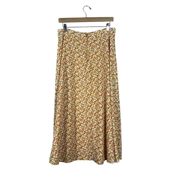 NWT Lulus Floral Print Midi Skirt Orange Green Boho Side Slit Size L - Image 4
