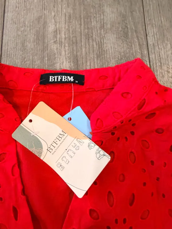 V-Neck Red Eyelet Tiered Mini Dress - Image 6