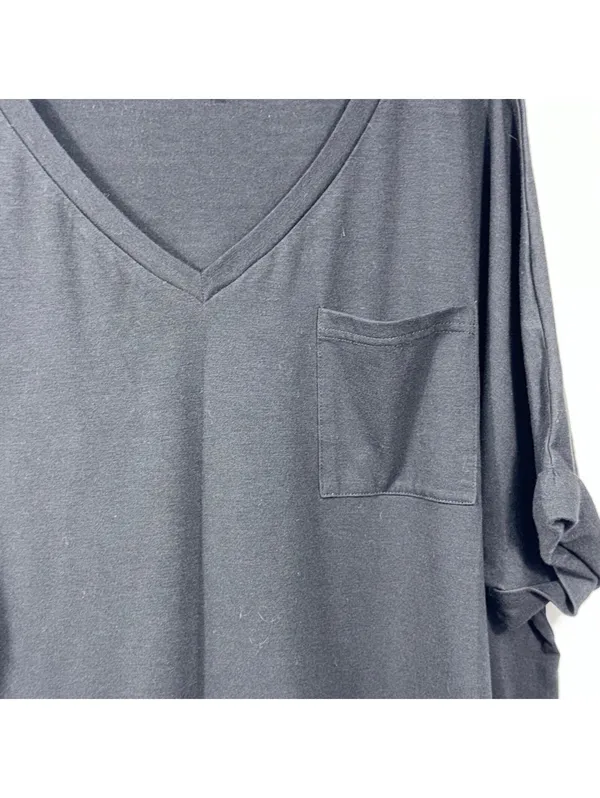 Womens XL Black V Neck Pocket Tee Rolled Sleeve Stretch Casual Oversized Top - Image 2