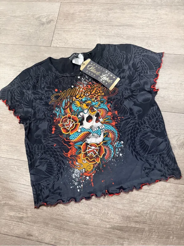 Affliction Black Cropped Graphic Tee with Multicolor Skull & Snake - Image 9