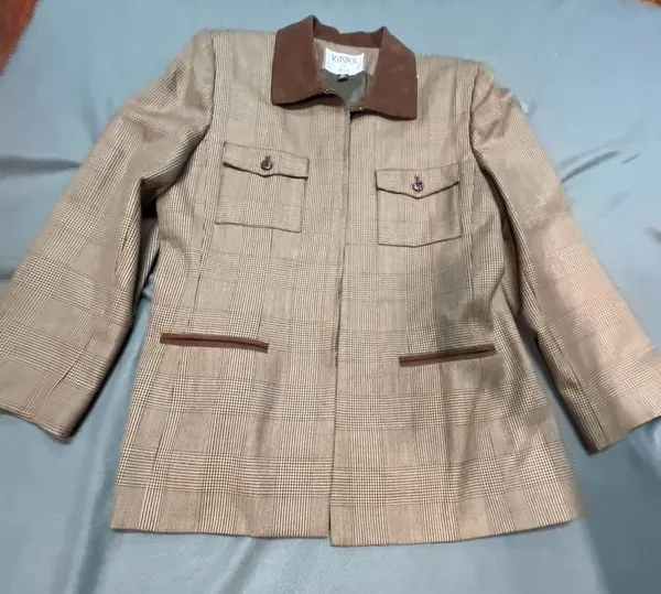 Kasper ASL Blazer Size 8 Brown Plaid Wool Blend Jacket Collar - Image 4