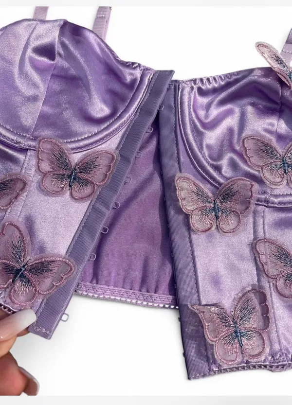 Purple satin corset top with butterfly embroidery - Small - Image 3