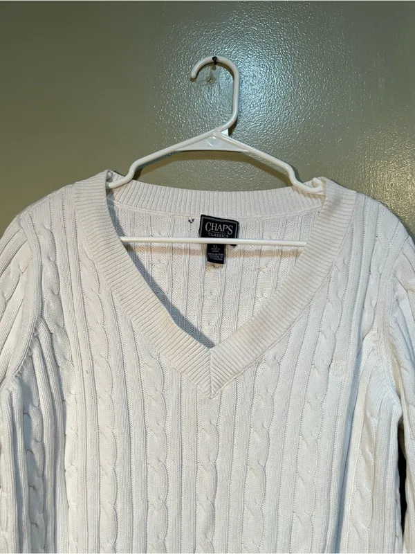 Chaps Women's Size XL V-Neck Sweater Cream White Cableknit 100% Cotton - Image 7