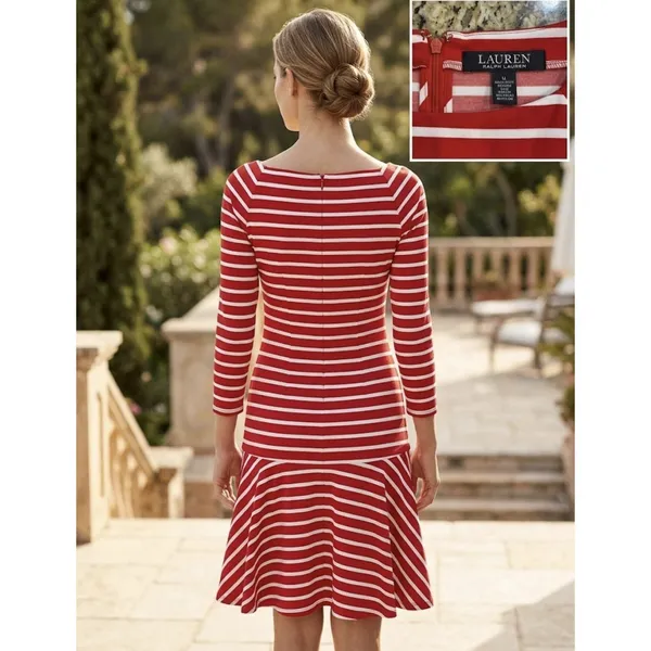 Lauren‎ Ralph Lauren Red Striped Drop Waist Dress Size 2 Nautical Square Neck - Image 2