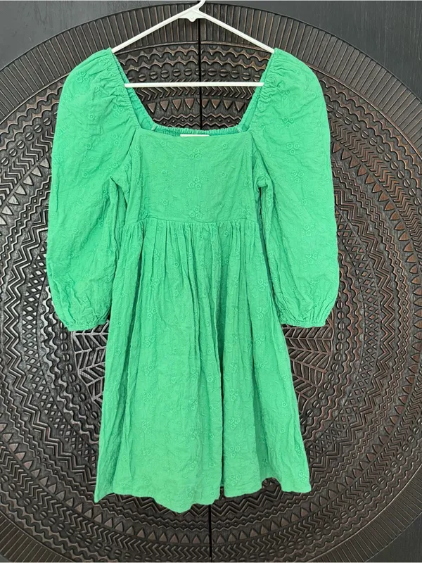 Tuckernuck Pomander Place Cotton Mini Dress XS Green Puff Sleeve Embroidered - Image 2