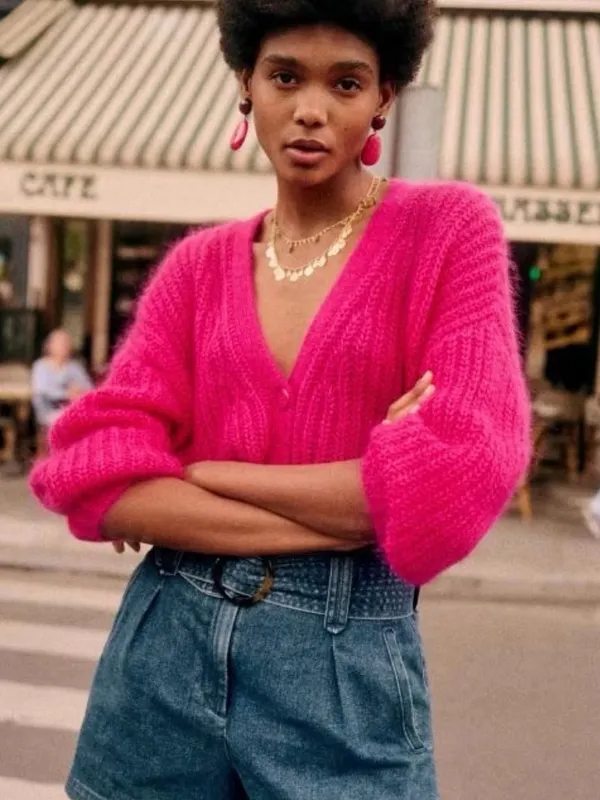 Sézane Pink Kid Mohair Merino Wool Button Cardigan Sweater Size S - Image 4