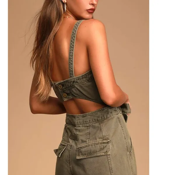 Free People FP Go West Olive Green Utility Cargo Denim Relaxed Leg Jumpsuit XS - Image 6