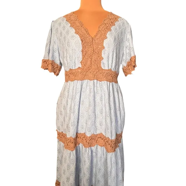 Davi & Dani Blue Lace Trim Tiered Maxi Dress Cottagecore Boho Dress Romantic - Image 4