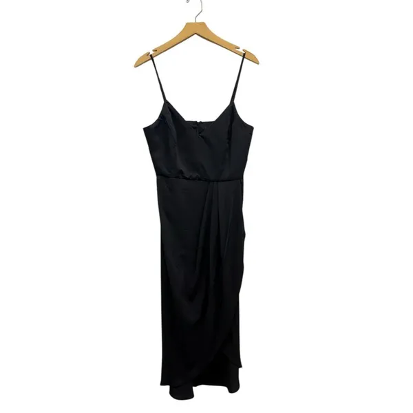 Lulus V Neck Spaghetti Strap Pleated Faux Wrap Reinette Black Midi Dress size L - Image 3
