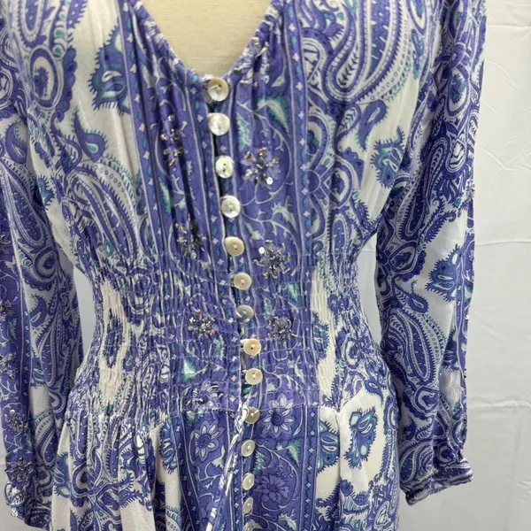 Z&L Boho Paisley Maxi Dress Small Smocked Waist Button Front Purple Green Resort - Image 5